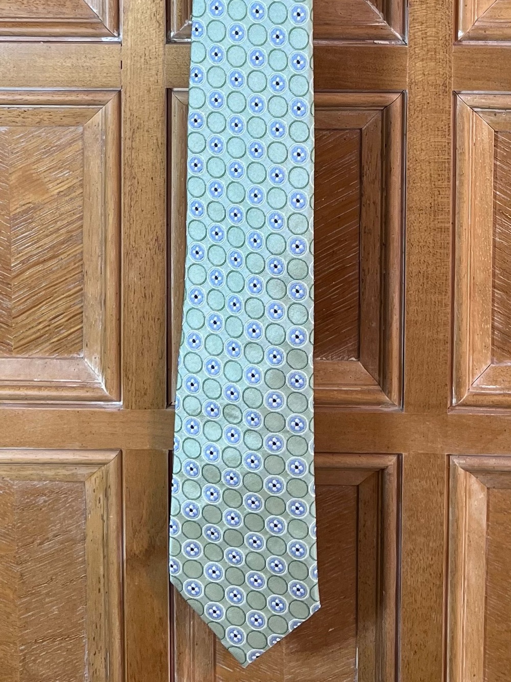 Van Heusen Green Geometric Medallion Silk Tie Blue White Circles Men’s Necktie